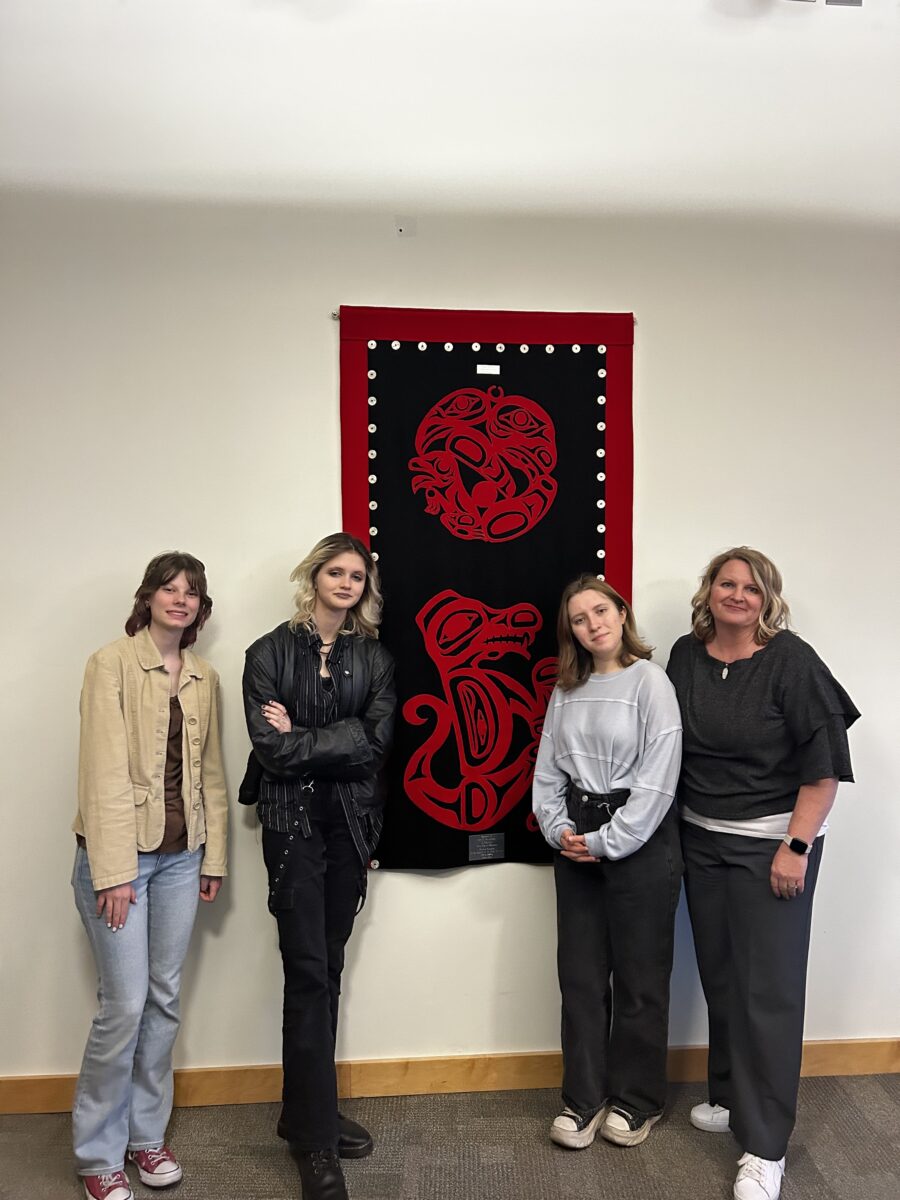 2024 Youth Ambassadors  visiting the Burnaby, Canada button blanket at the Mesa Arts Center, gifted from Burnaby Canada Sister Cities.