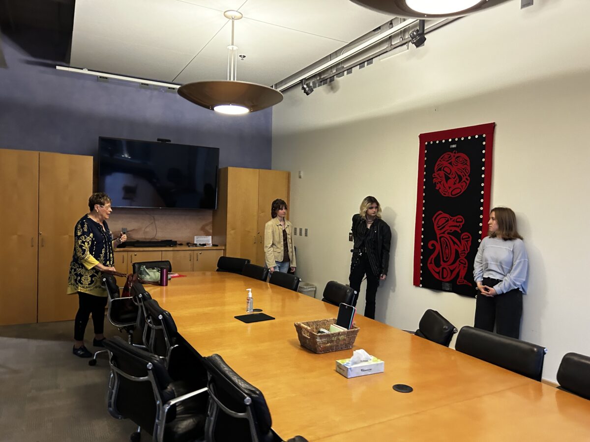 2024 Youth Ambassadors  visiting the Burnaby, Canada button blanket at the Mesa Arts Center, gifted from Burnaby Canada Sister Cities.